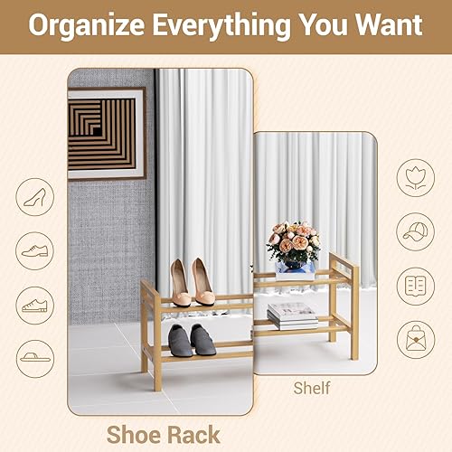 Miniatura 5 de Haddockway Zapatero de bambú para armario, organizador de zapatos independiente con varillas redondas suaves y asas prácticas, estante apilable de