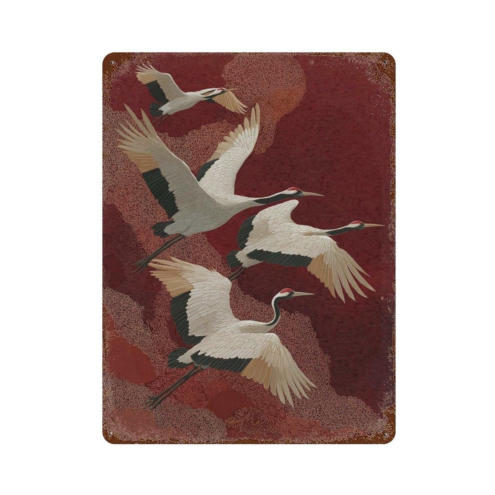 xiaoxiaoshen Red Crowned Cranes Traditional Japanese Crane Flying on Background Asian Style B Wall Decor Art Metal Tin Poster Modern Home Decor Art Home Bar Shop Decorations Vintage Sign 40x30cm