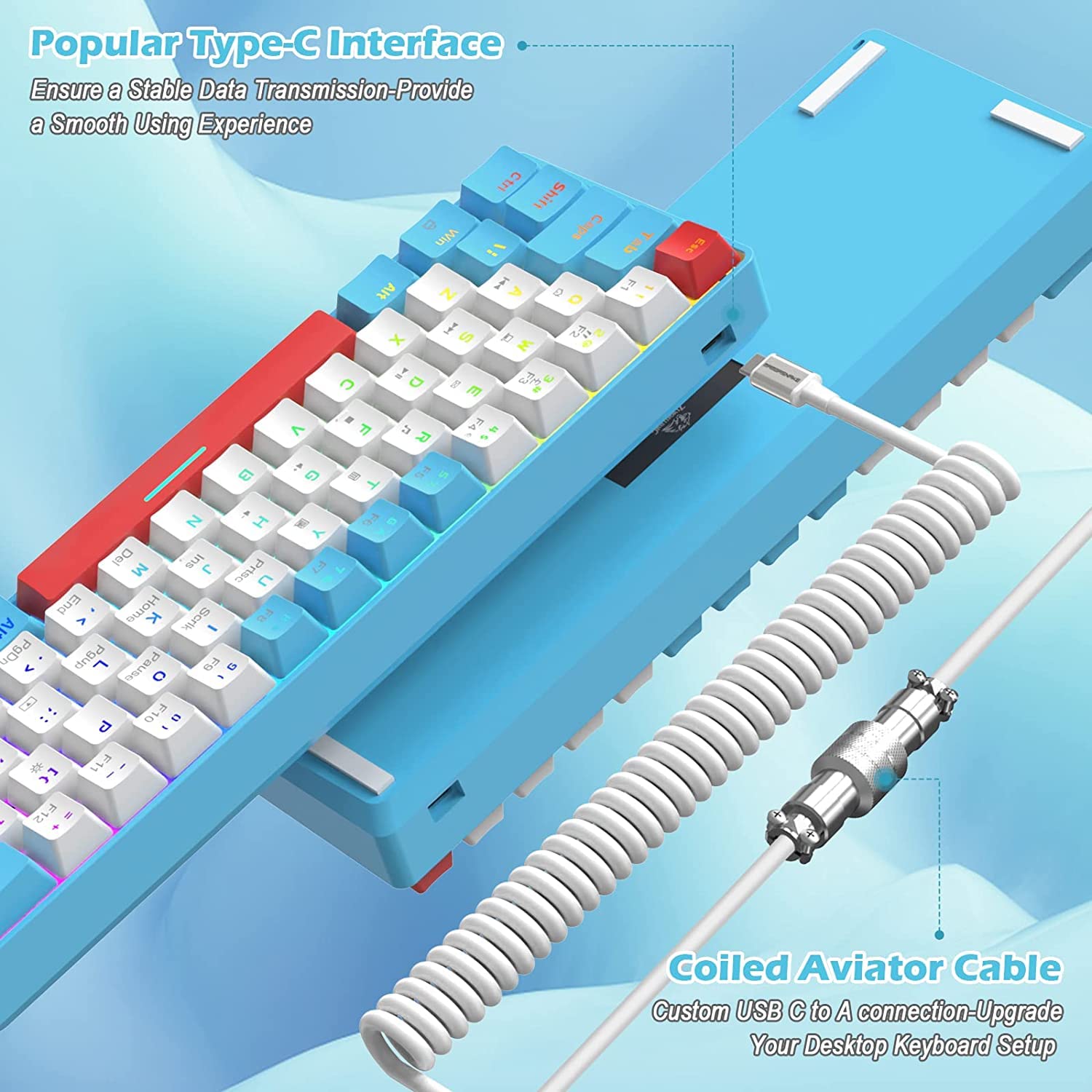 ZIYOU LANG T60 Teclado y Ratón para Juegos con Cable USB C en Espiral, UK Layout (QWERTY) Compact 60% Iluminado Teclado Mecánico Linear Rojo Switch-6400dpi RGB Mouse para PC Mac - Azul