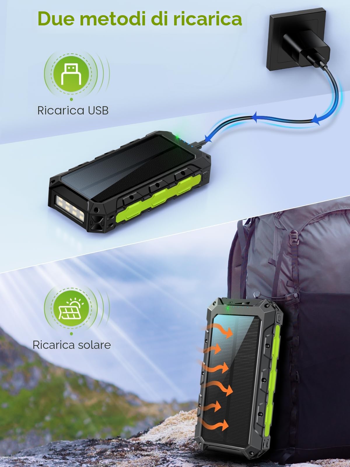 52800mAh Power Bank Solare 30WPD con Cavi Integrati Ricarica Rapida | Batteria Esterna Powerbank 7 Uscite Torcia LED Display Digitale, Ideale per Campeggio e Attività Outdoor