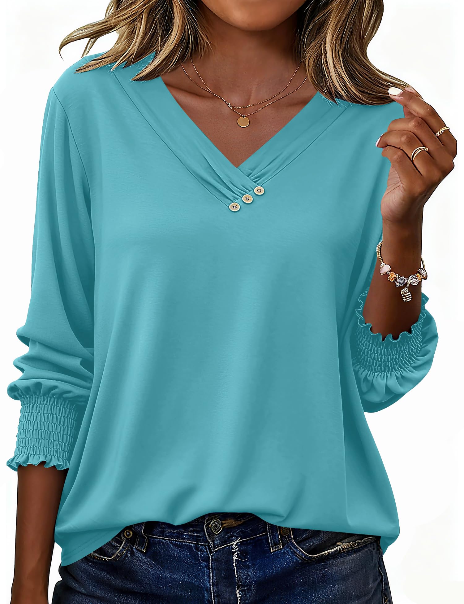 Rapbin Bluse Damen 3/4 Arm Shirt Elegant V-Ausschnitt Tunika Sommer Tops Lässig Oberteil Mit Knopfleiste 2026