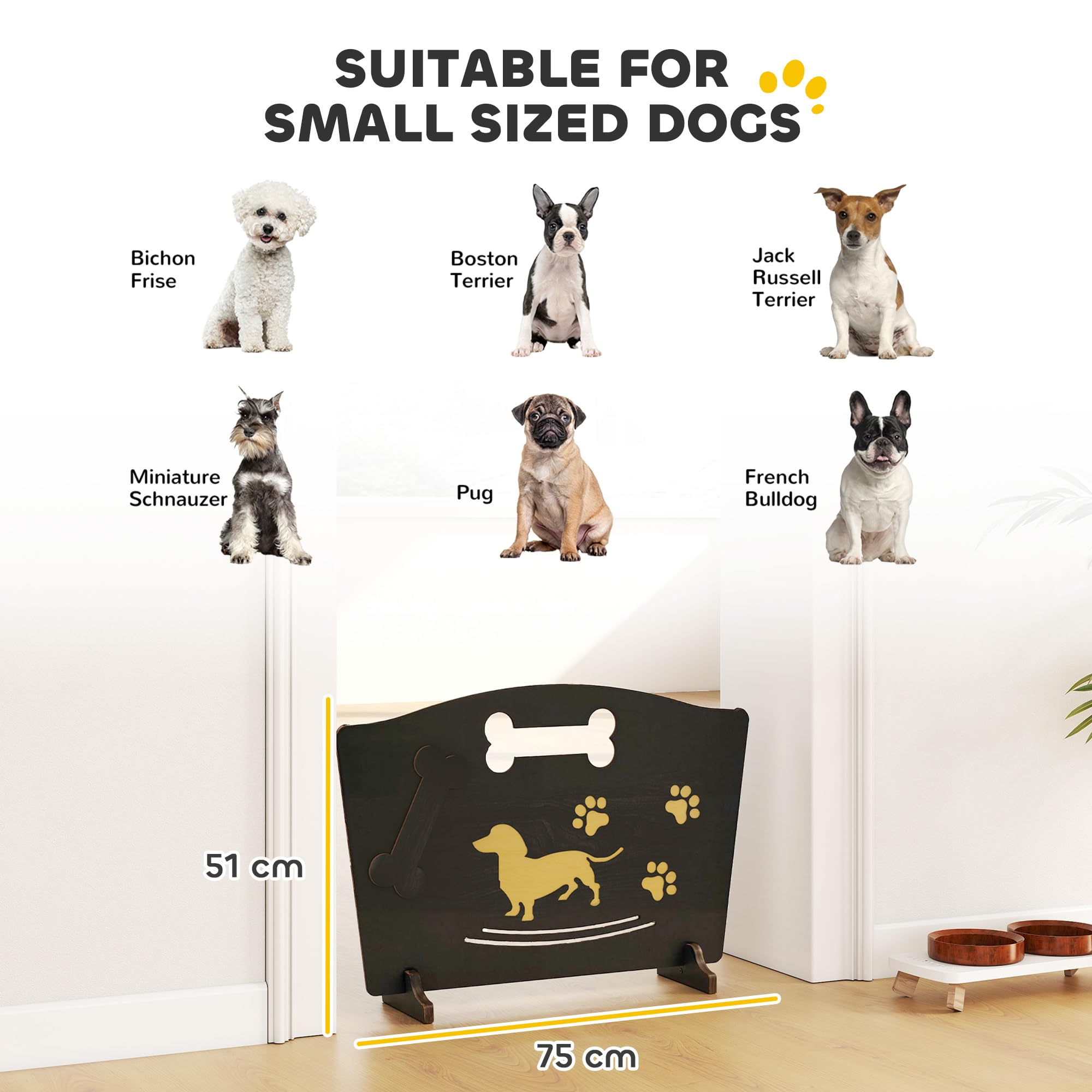 PawHut Hundestopper aus Holz, freistehendes Hundegitter mit Stützfüßen, Schwarz