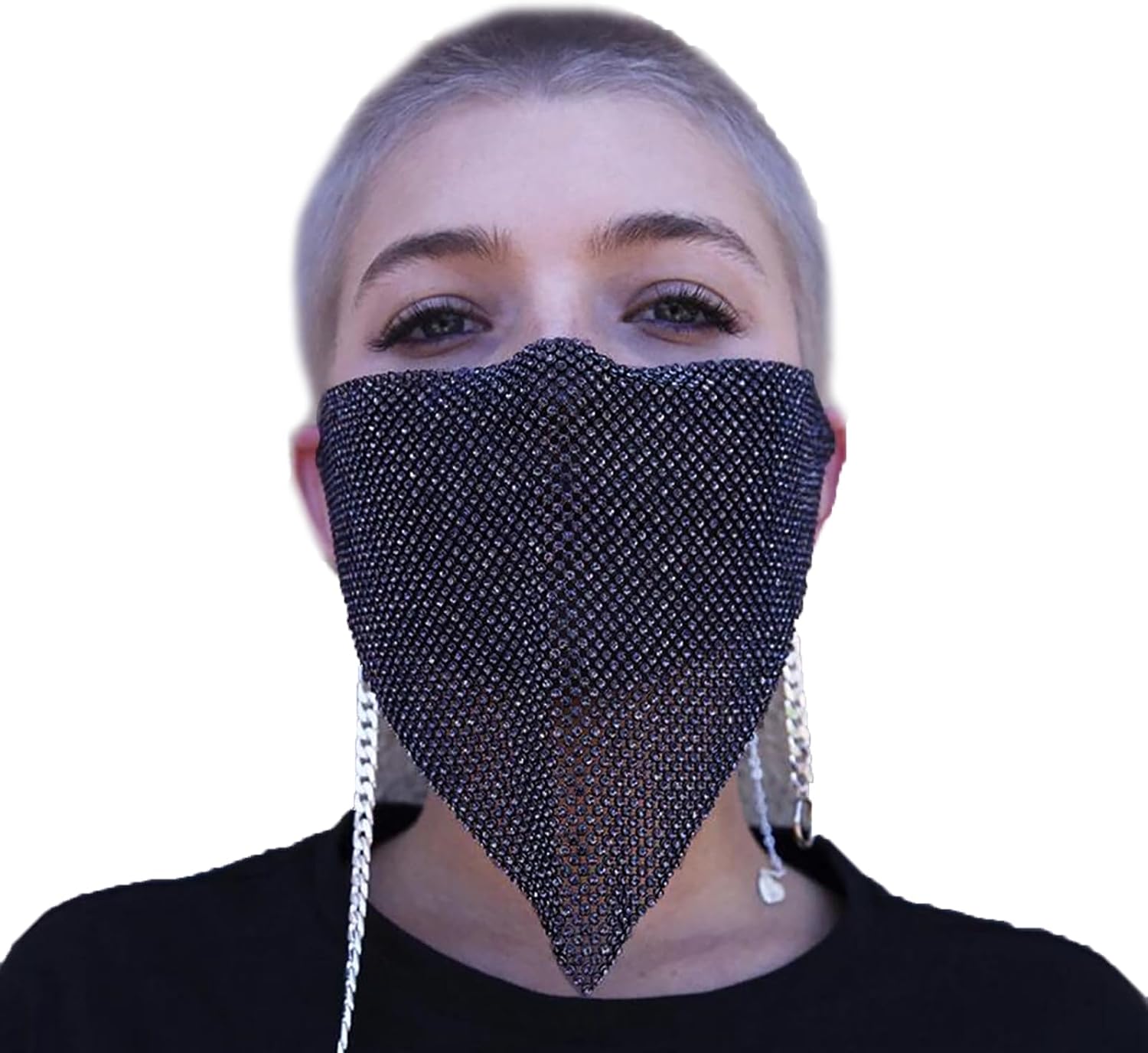 Faxianther Sparkly Rhinestones Mesh Half Face Mask Modern Bling Crystal Face Chain Belly Dance Punk Rock Band Jazz Face Cover