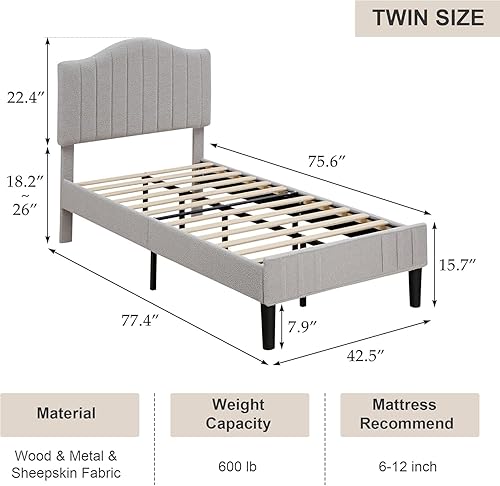 Miniatura 16 de VECELO Base de cama individual tapizada con cabecera de tela de peluche ajustable en altura, listones de madera fuertes que soportan 7.9 pulgadas
