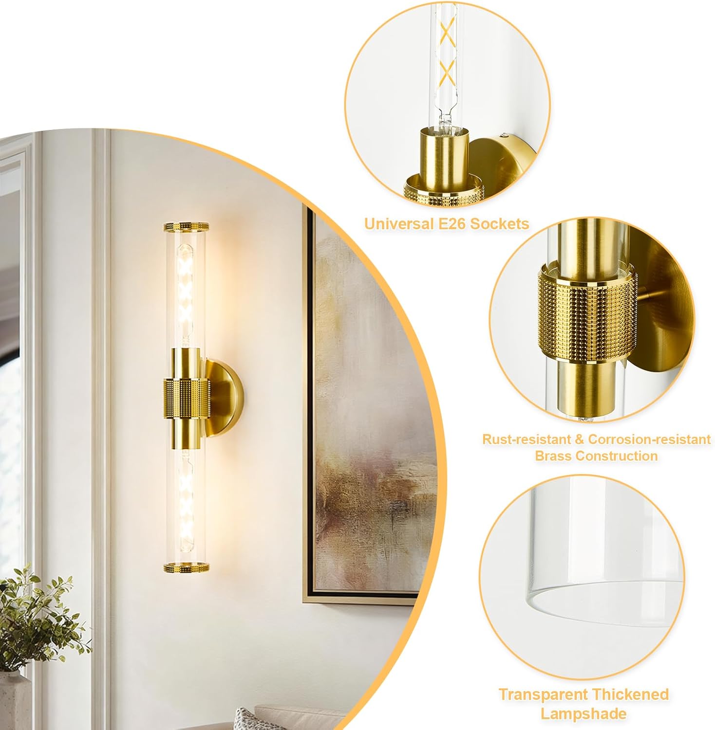 OKELI Wall Sconces Set of Two, 20.3" Black and Gold Bathroom Sconces Lighting with Clear Glass, Hardwired Modern Sconces Wall Decor Set of 2 Light fixtures(Gold, with Ring)
