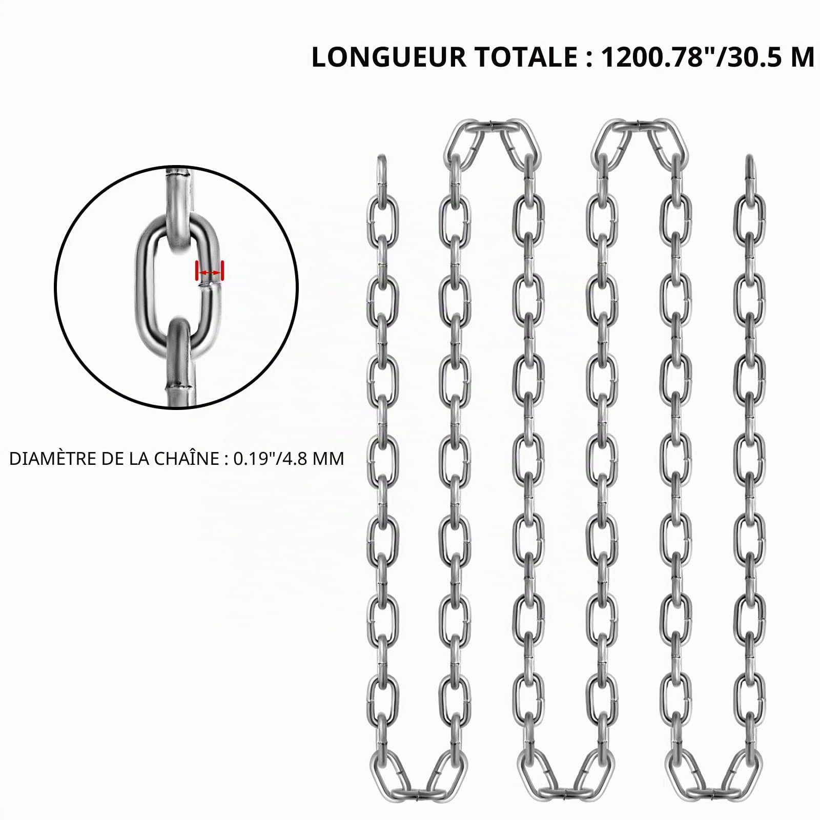 VEVOR Chaîne à Maillons en Acier au Carbone Galvanisée, 5,1 mm x 30,48 m, Capacité de Charge 498 kg, 2 Connecteurs Rapides, Chaîne pour Remorquage, Suspension, Camping, Attacher Animaux de Compagnie