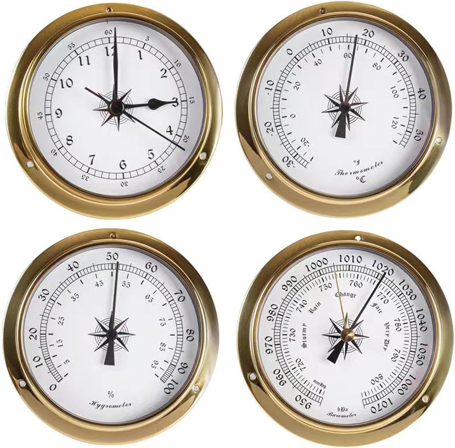 Barometer Thermometer Hygrometer Clock Set, 4 in 1 Wall Mount Barometer Indoor, High Precision Analog Weather Station, Multifunction Weather Barometer, for Home Office Fishing Sailing
