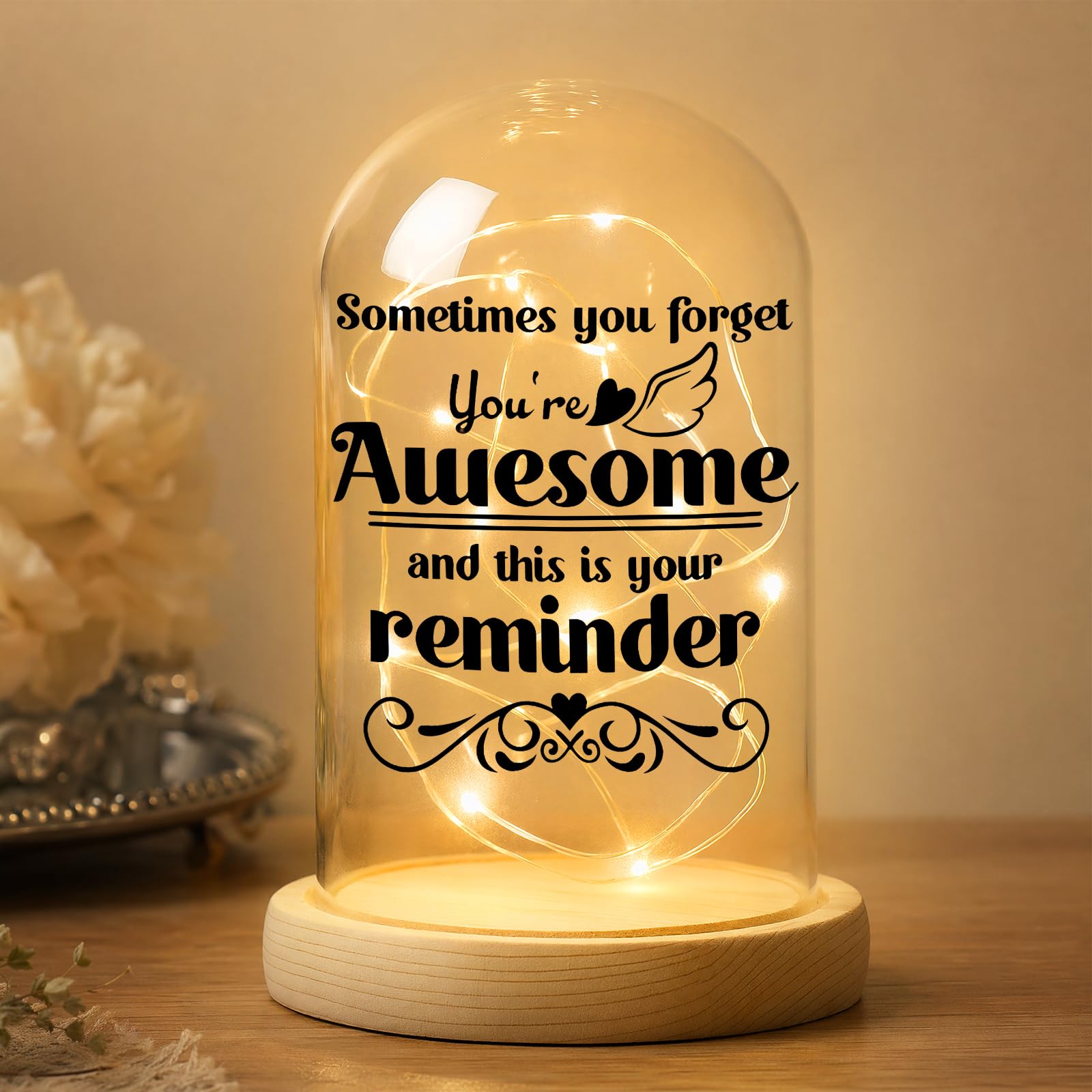 LED Glass Dome Inspirational Gift for Friend, Sometimes You Forget You're Awesome Night Light, Light Up Glass Dome Decoration with Wooden Base, Encouragement Gift for Women Men Birthday Christmas