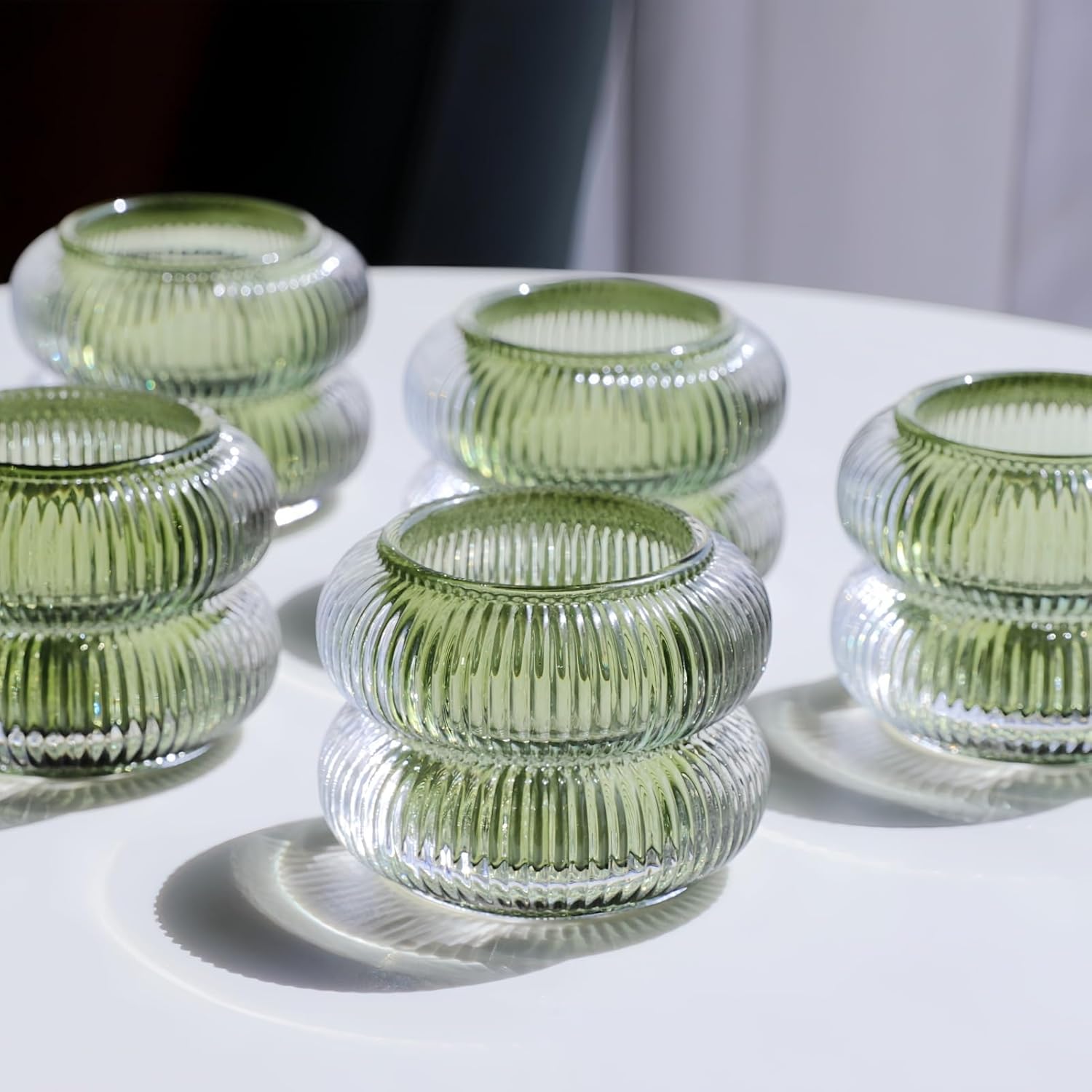 Woho Ribbed Glass Votive Candle Holders Set of 6, Vintage Tealight Candle Holder for Wedding Decor, Elegant Tea Lights Candle Holder for Dinner Table/Christmas Decorations(Green, 2.1" H X 2.75" D) Green 6