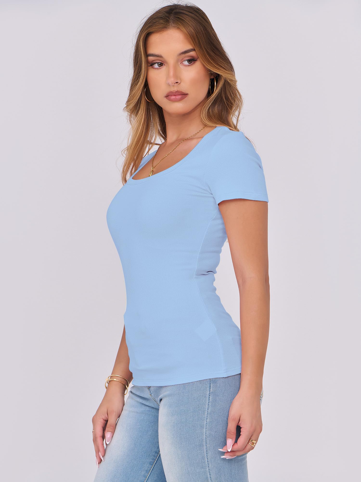 DUOEASE Damska koszulka z długim rękawem, krój basic, slim fit, jednokolorowa, dekolt w kształcie litery U, rozciągliwa, elegancka koszulka na co dzień