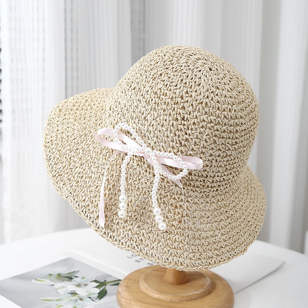 Sombrero de Paja Plegable de Verano para Mujer,de ala Ancha,con Protección UV y Lazo de Perla,Plegable y Transpirable,Ideal para Playa,Viajes y Fiestas