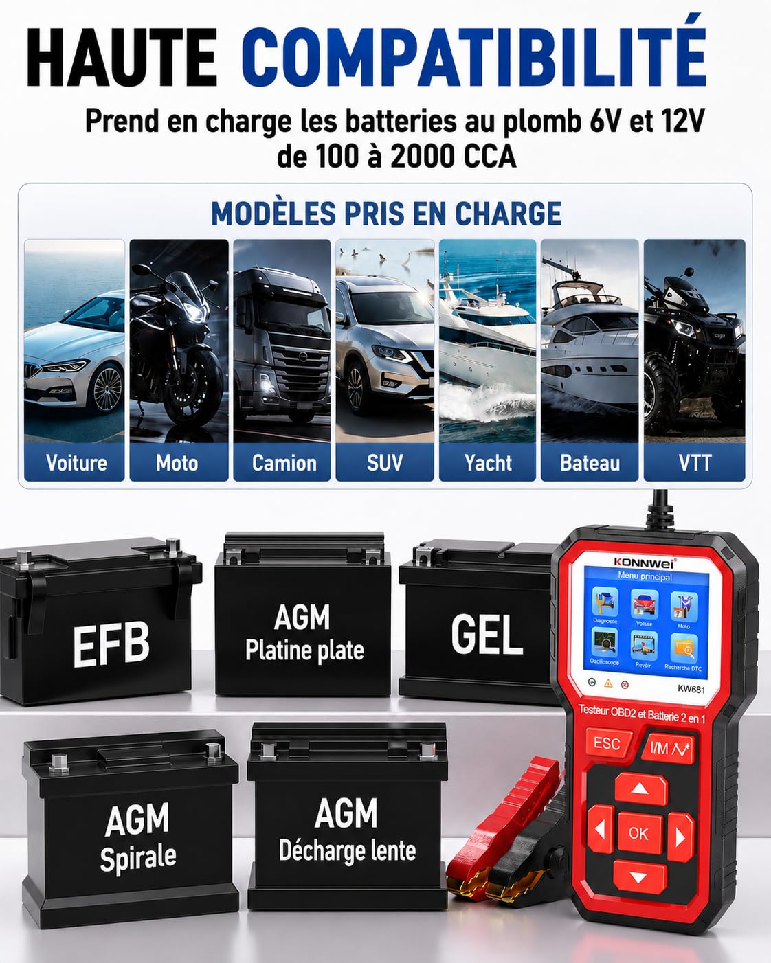 KONNWEI KW681 Valise Diagnostic Auto 2 en 1, Lecteur OBD2 Diagnostic Voiture avec Testeur de Batterie Voiture 6V/12V, Test Batterie CCA/SOH/SOC, Compatible Véhicules Essence