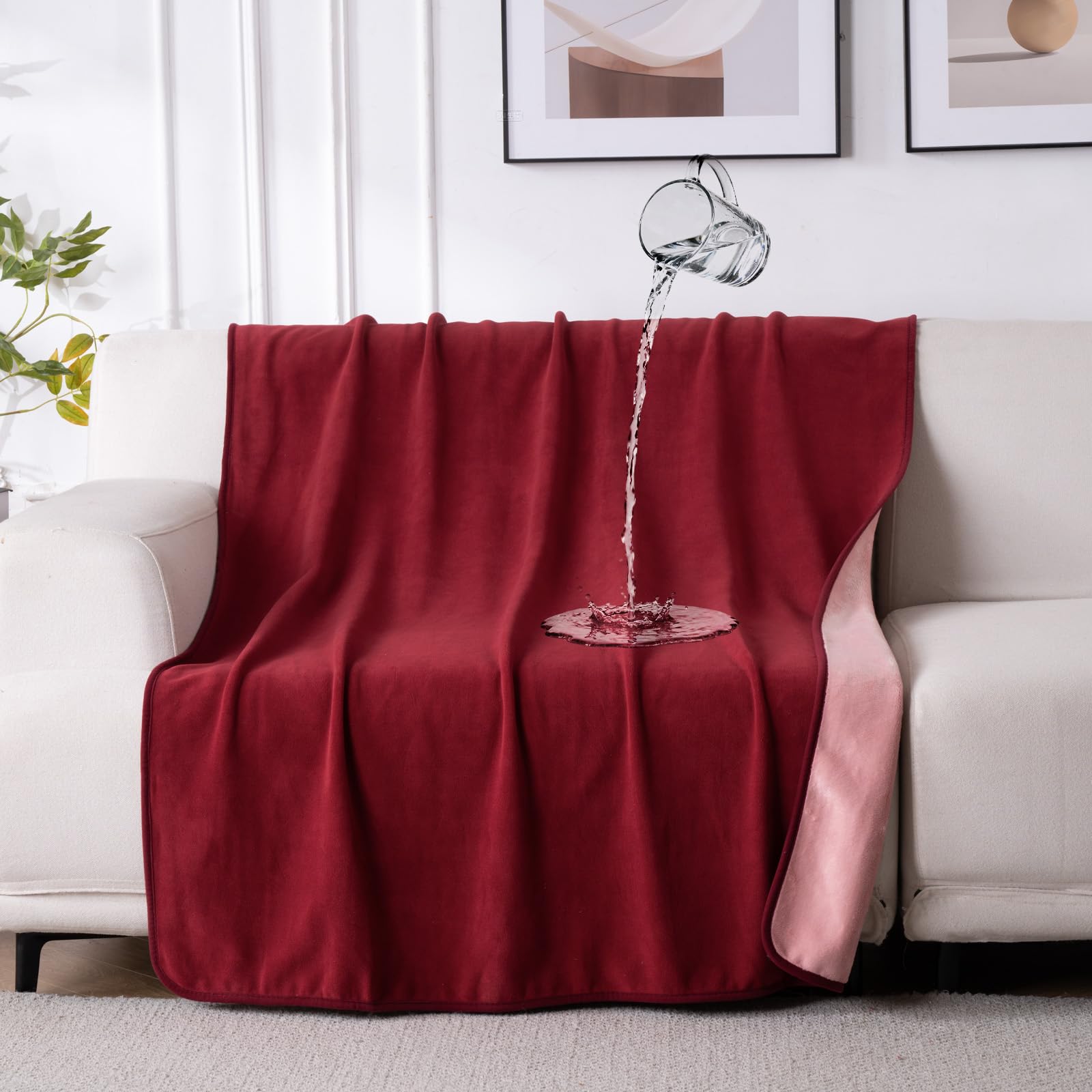 QIYI Waterproof Blanket for Bed Couch Sofa, Small Washable Reversible Flannel Throw, Leakproof Spill-Proof Mattress & Furniture Protector for Pets Dogs Cats, 102x153cm, Burgundy/Pink