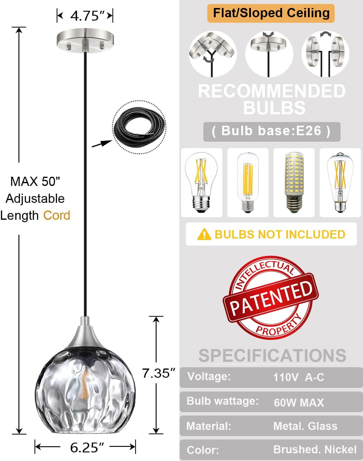 2 Pack 1 Light Hanging Indoor Kitchen Island Pendant Light 6.3" Grey Hammer Glass Pendant Ceiling Light Fixtures Brushed Nickel Finish Modern Farmhouse Dinning Over Sink