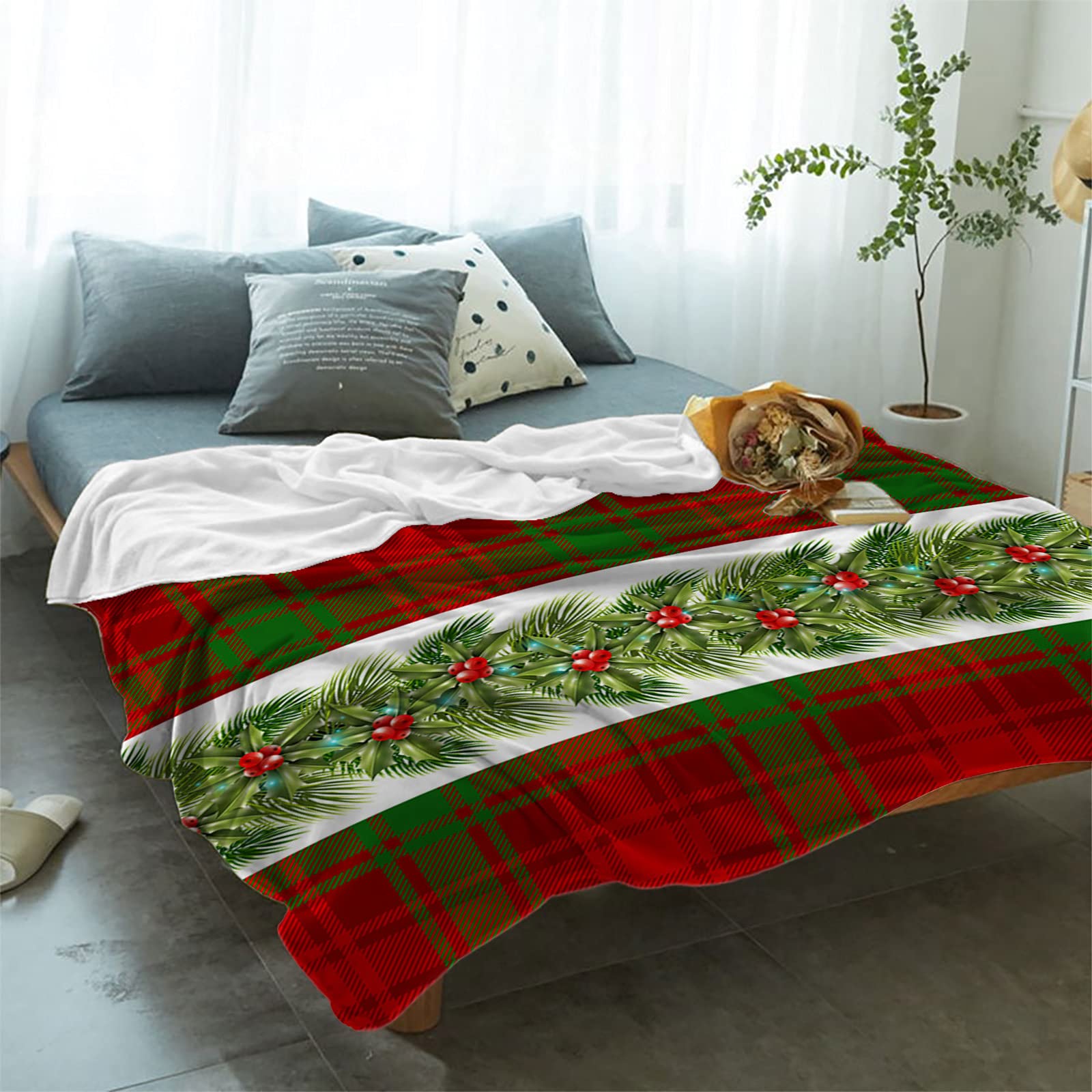 フリース毛布 赤と緑のチェック柄 Amazon｜ブランケット 毛布 クリスマス 赤と緑のチェック 松の枝