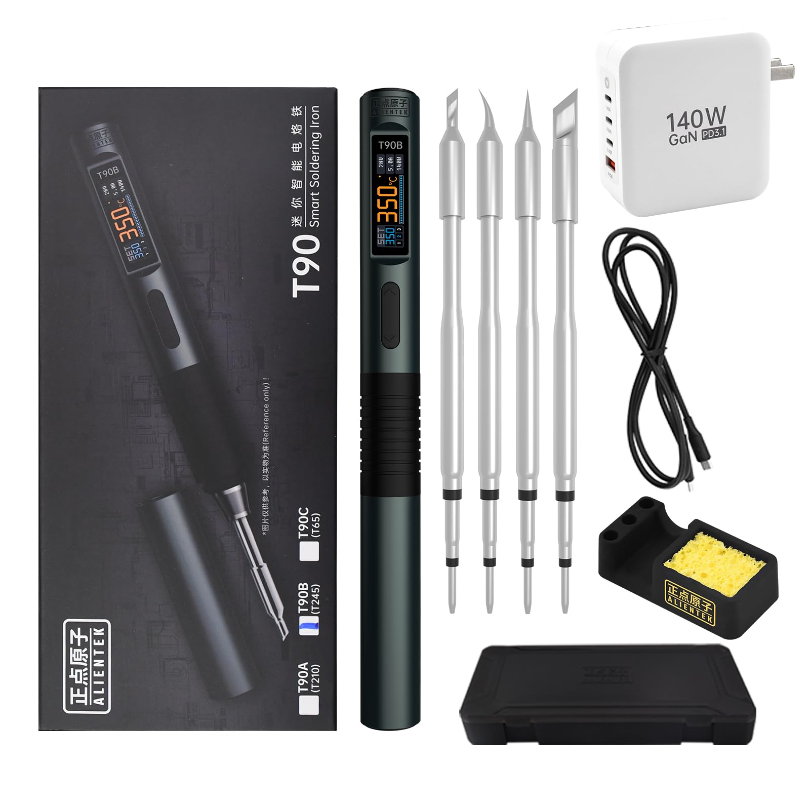 ALIENTEK 140W Soldering Iron Kit, T90 Fast Heating Digital Soldering Iron Adjustable Temperature PD3.1/QC,Type-C Portable Digital OLED Screen Display