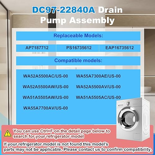 Miniatura 2 de DC97-22840A Conjunto de bomba de drenaje de lavadora compatible con lavadora samsung, BD11-1A, DC31-00201A, AP7187712, PS16735612, EAP16735612,