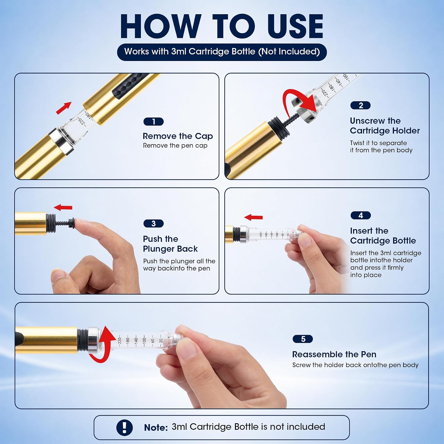 60 Unit Peptide Pen Injector, Reusable Research V3 Injection Pens (Gold)