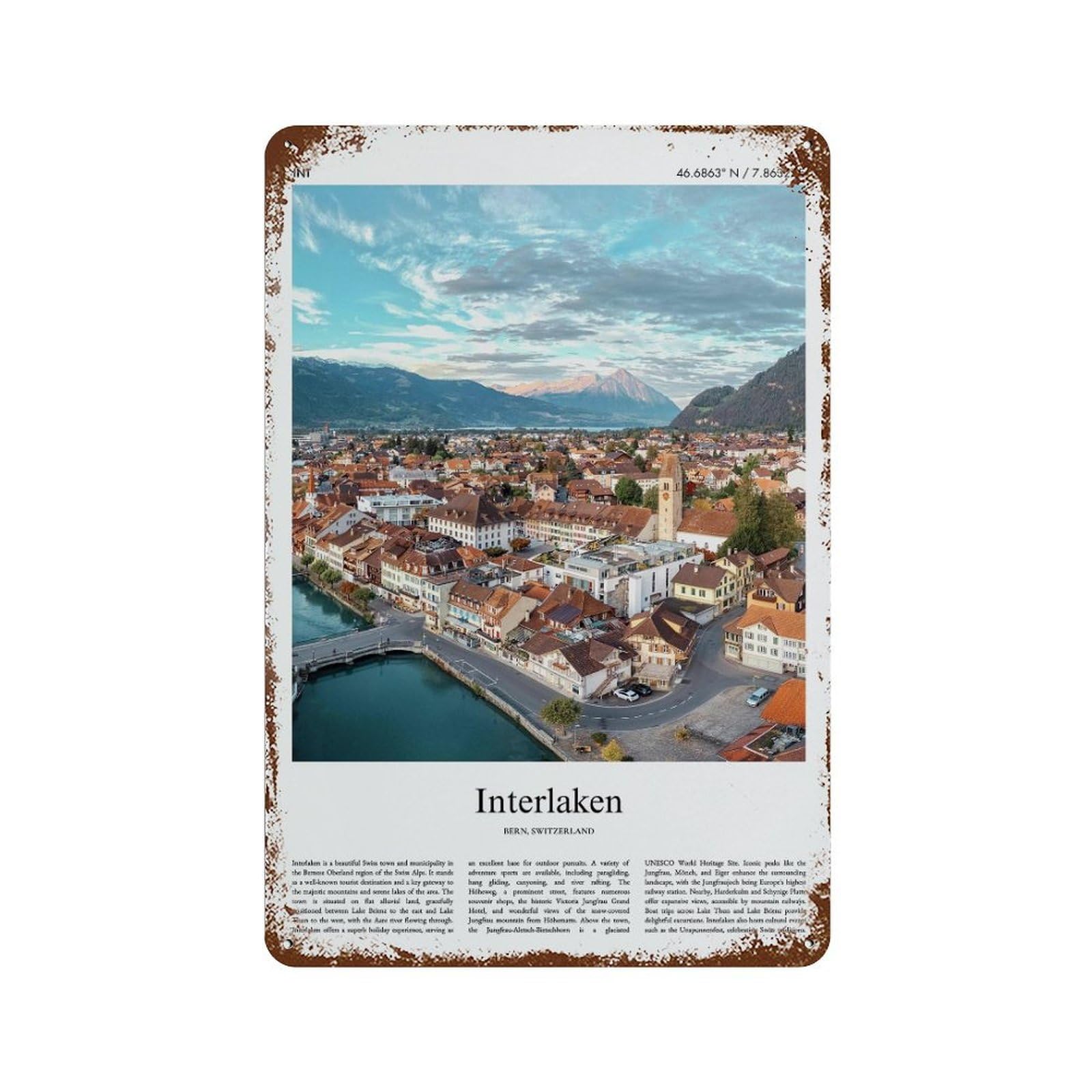 xiaoxiaoshen Interlaken Bern, Switzerland City Scenery Wall Decor Art Metal Tin Poster Modern Home Decor Art Home Bar Shop Decorations Vintage Sign 30x20cm