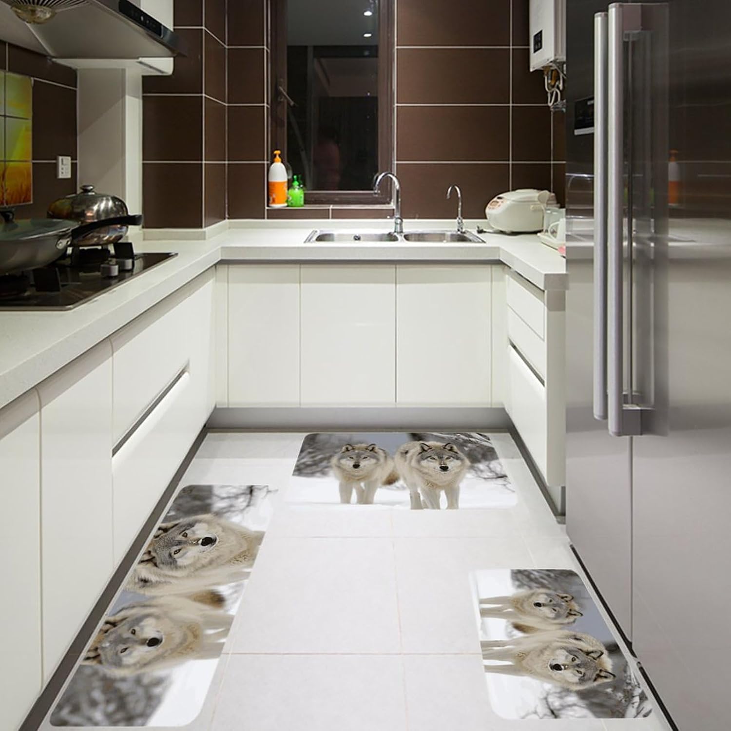 Two Wolves Walking in The Snow Kitchen Mats for Floor 3 Pcs Kitchen Rugs