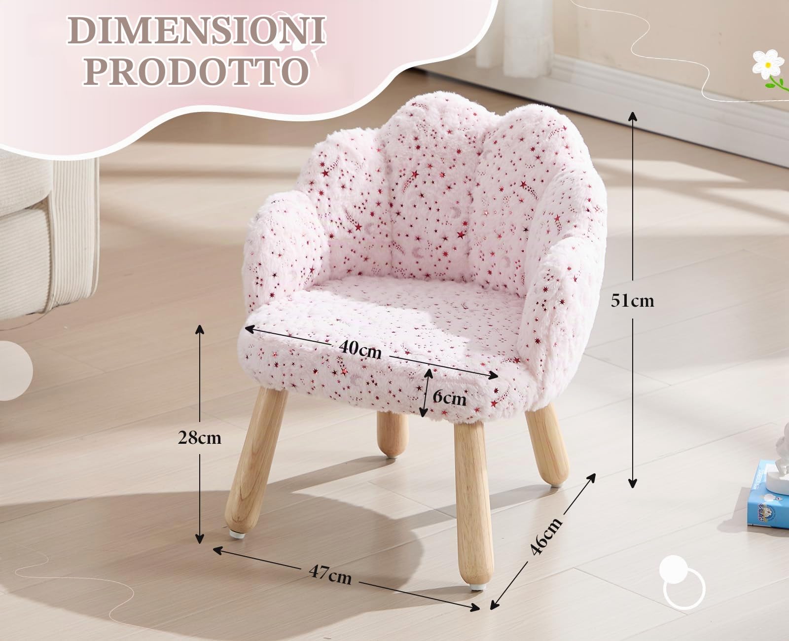 chairus Poltroncina per Bambini in Pelliccia con Gambe in Legno, Rosa