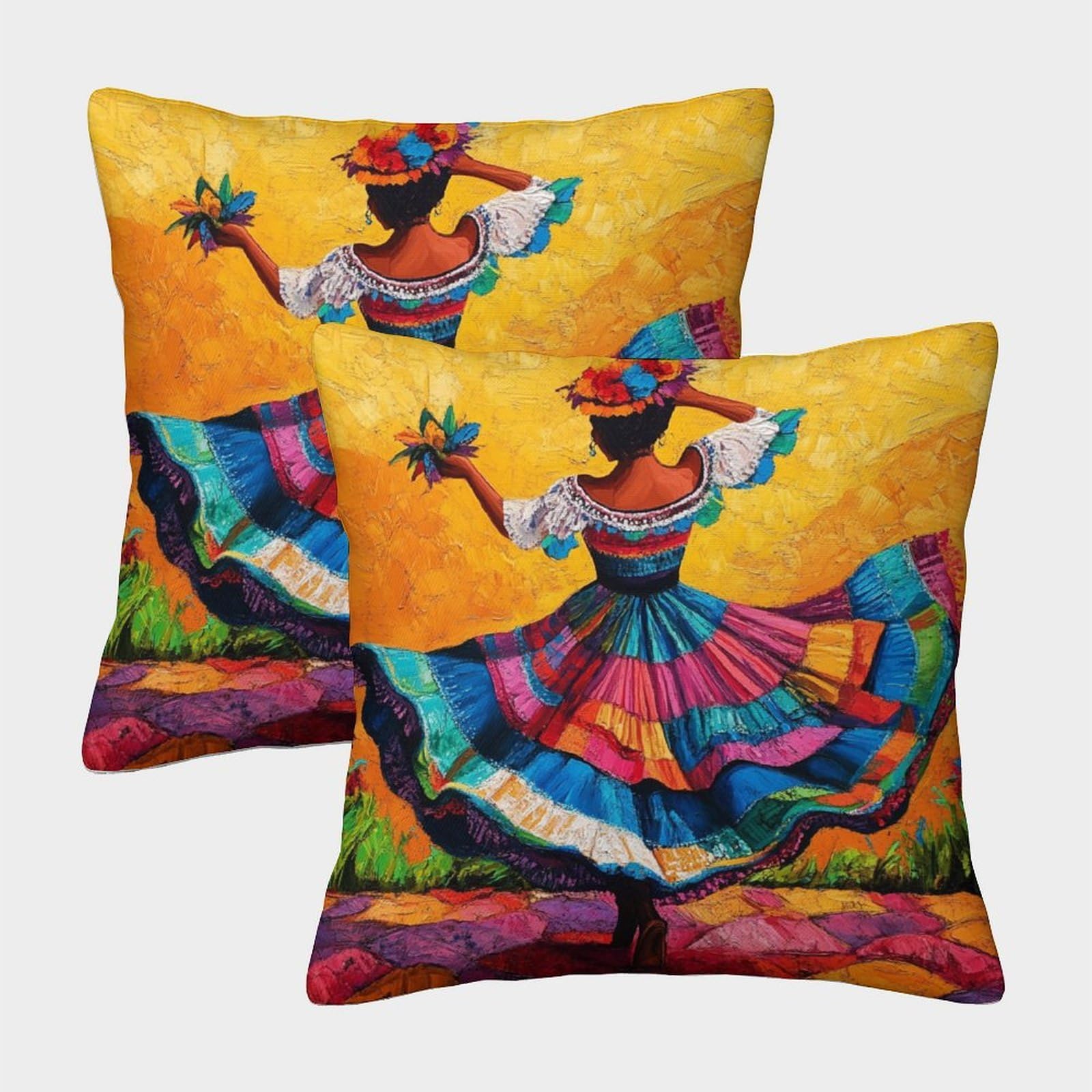 kaiyun 2 Pack 3D Chiapas Women Illustration Theme Square Cushion Cover Decoration Mexican Dancing Pillow Cover Suitable for Home Sofa Bedroom Living Room 45x45cm