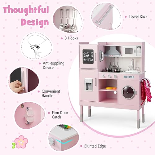 Miniatura 3 de HONEY JOY Juego de cocina rosa para niños, cocina de madera para niños pequeños, microondas, utensilios de cocina, lavadora, campana extractora,