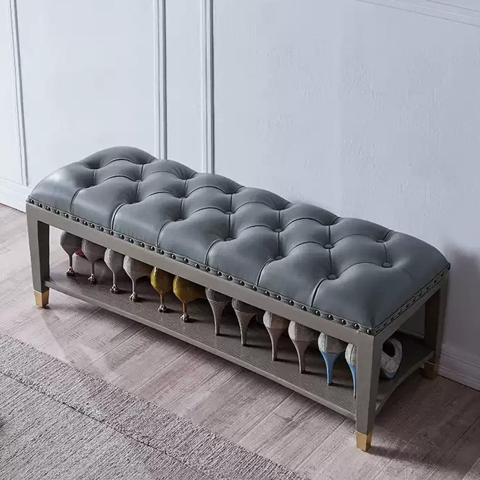 MSHGSKU 2Tier Solid Wood Shoe Bench RackStylish Shoe Storage Organizer for Entryway Hallway Living Room Balcony (Gray Blue 100x35x33cm) and SpaceSaving