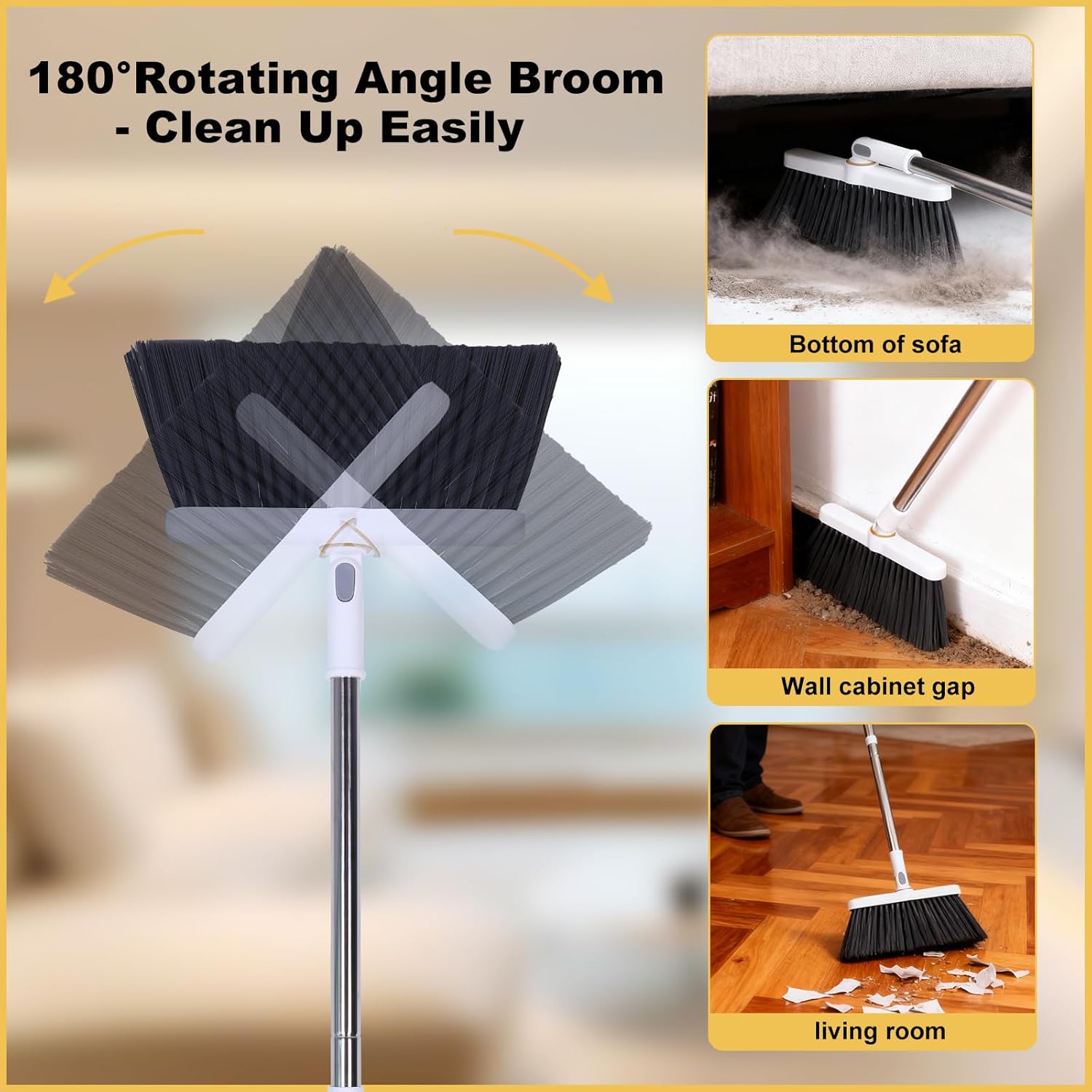 Heavy Duty Broom and Standing Dustpan Combo Set, Rotatable Head Dust Pan and Brush Set with Collapsible Handle, Cleaning Teeth, Hanging Loop, Ideal for Pets, RV, Kitchen, Camping, Outdoor Floor, White