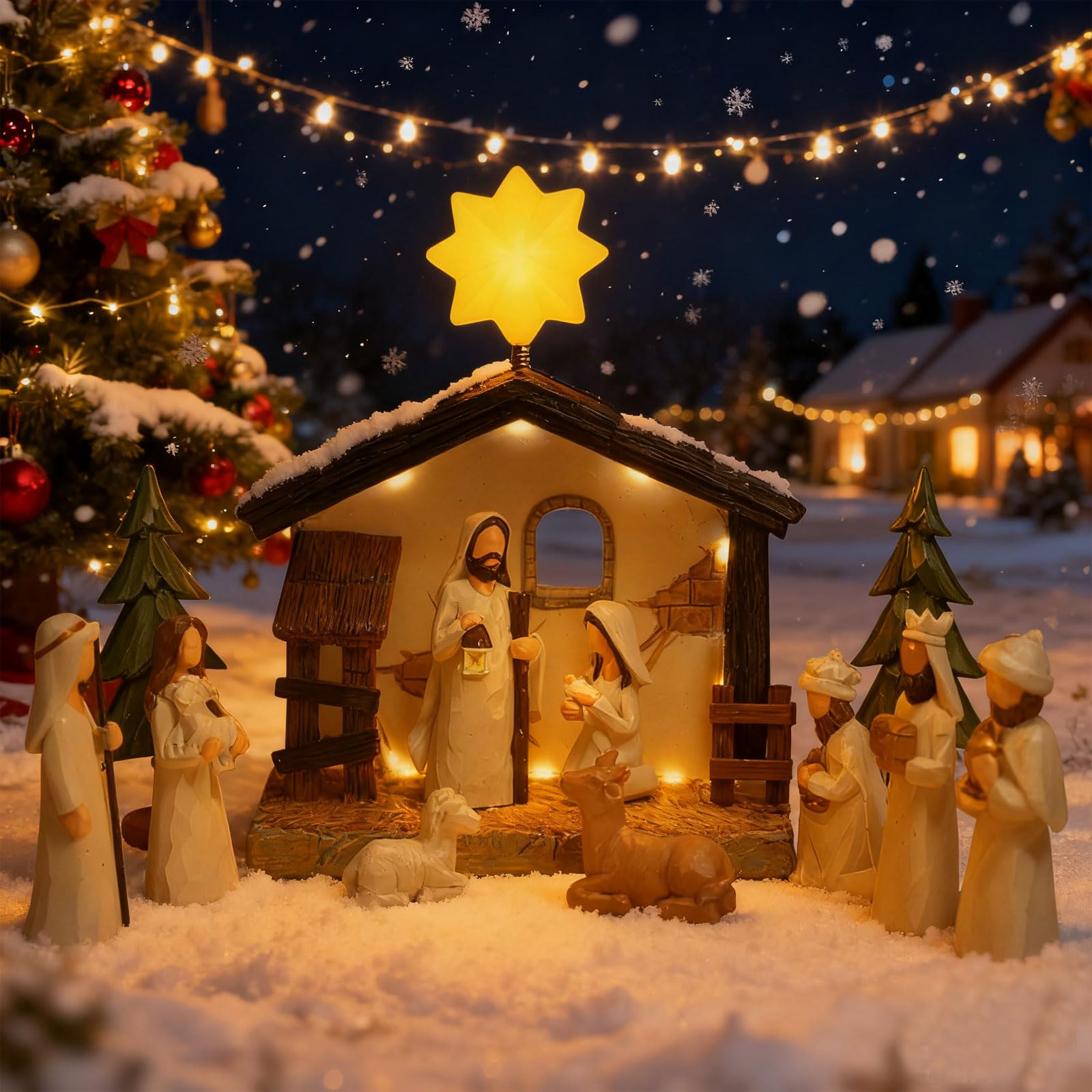 Juego de figuras de belén YIK TUNG, nacimiento navideño, escena del Nacimiento, figuras de belén con iluminación, decoración navideña para interiores (set de 13)