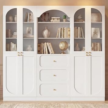 Cyclysio 80" Tall Bookcase System with 3 Drawers, Arched Bookshelf with 4 Glass Doors, Wooden Pantry Storage Organizer Cabinets with 3-Tier Open Shelves for Living Room, Kitchen, Bathroom