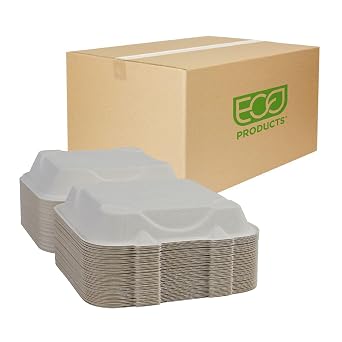 Eco-Products Compostable 9" Clamshell To Go Containers, Case of 200, Square Take Out Food Box, White Renewable Molded Fiber, Microwaveable & Freezable, Grease & Cut Resistant, ASTM Compliant