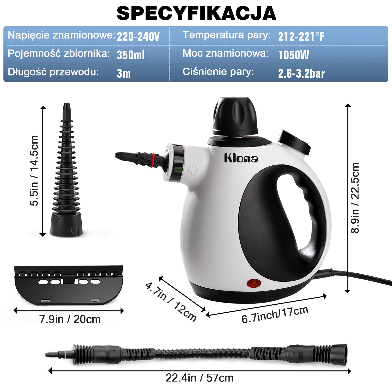 KLONA Ręczna myjka parowa do domu, wielofunkcyjna myjka parowa z 10 akcesoriami do dywanów, zasłon, sof, kuchni, łazienki i wielu innych.