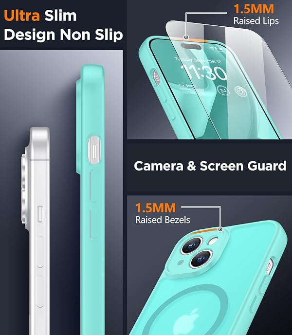 SPIDERCASE for iPhone 15 Case, Magnetic Translucent Matte Case with 2PCS Tempered Glass Screen Protector Slim Phone Case for iPhone 15 6.1'', Blue Green by SPIDERCASE - Image 4