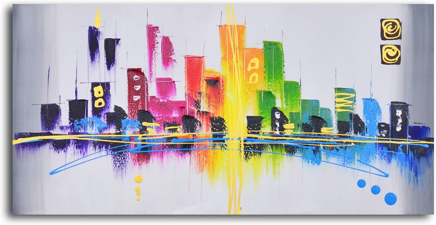TJie Art Hand Painted Mordern Oil Paintings,Rainbow City Scape Oil Painted Wall Art,Modern landscape painting in abstract style, Entirely hand-painted by skilled artist, Made with oil paints on canvas, Gallery wrapped and stretched over wood frame