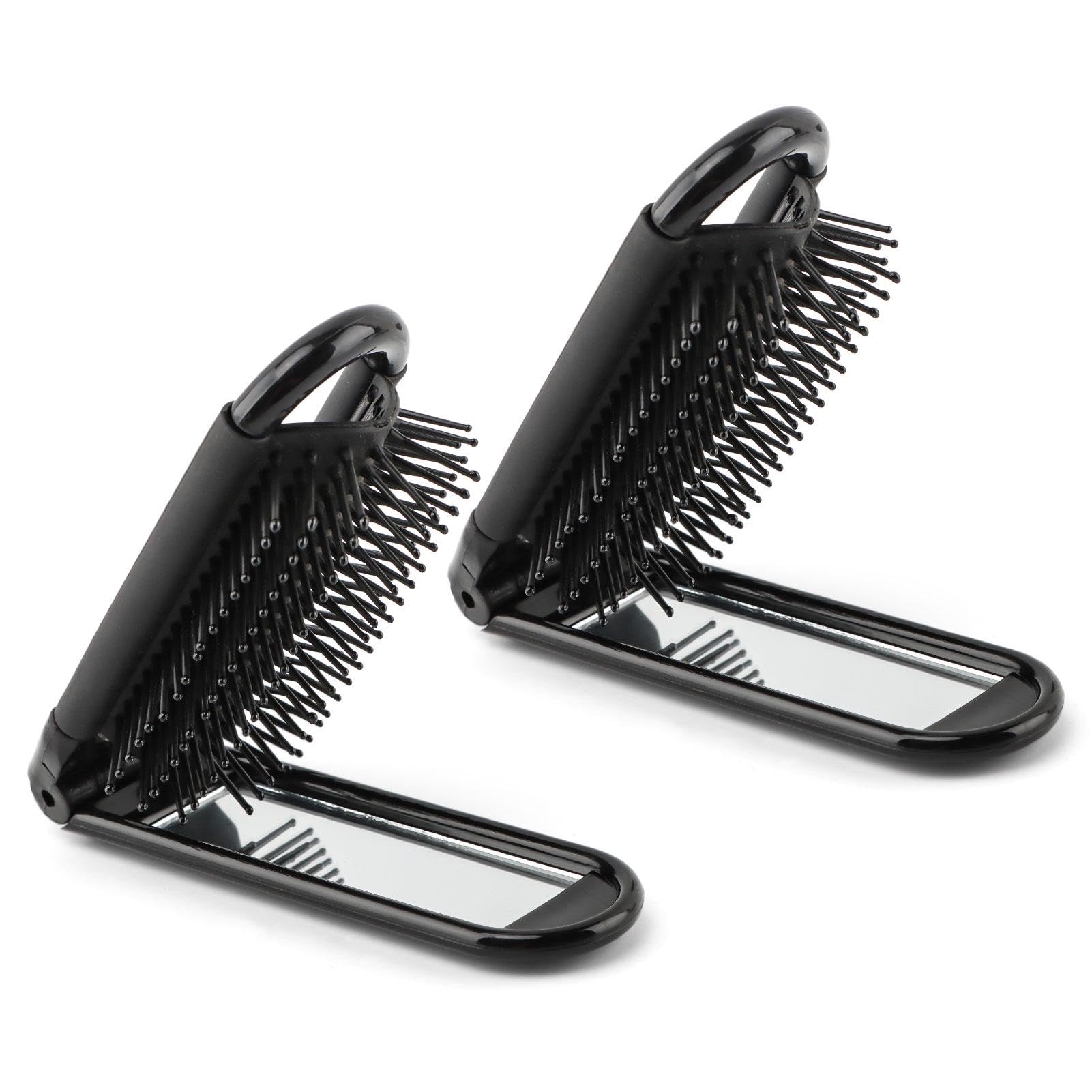 2Pcs Foldable Hair Brush with Mirror, Travel Compact Hair Brush Pocket Size, Portable Massage Comb