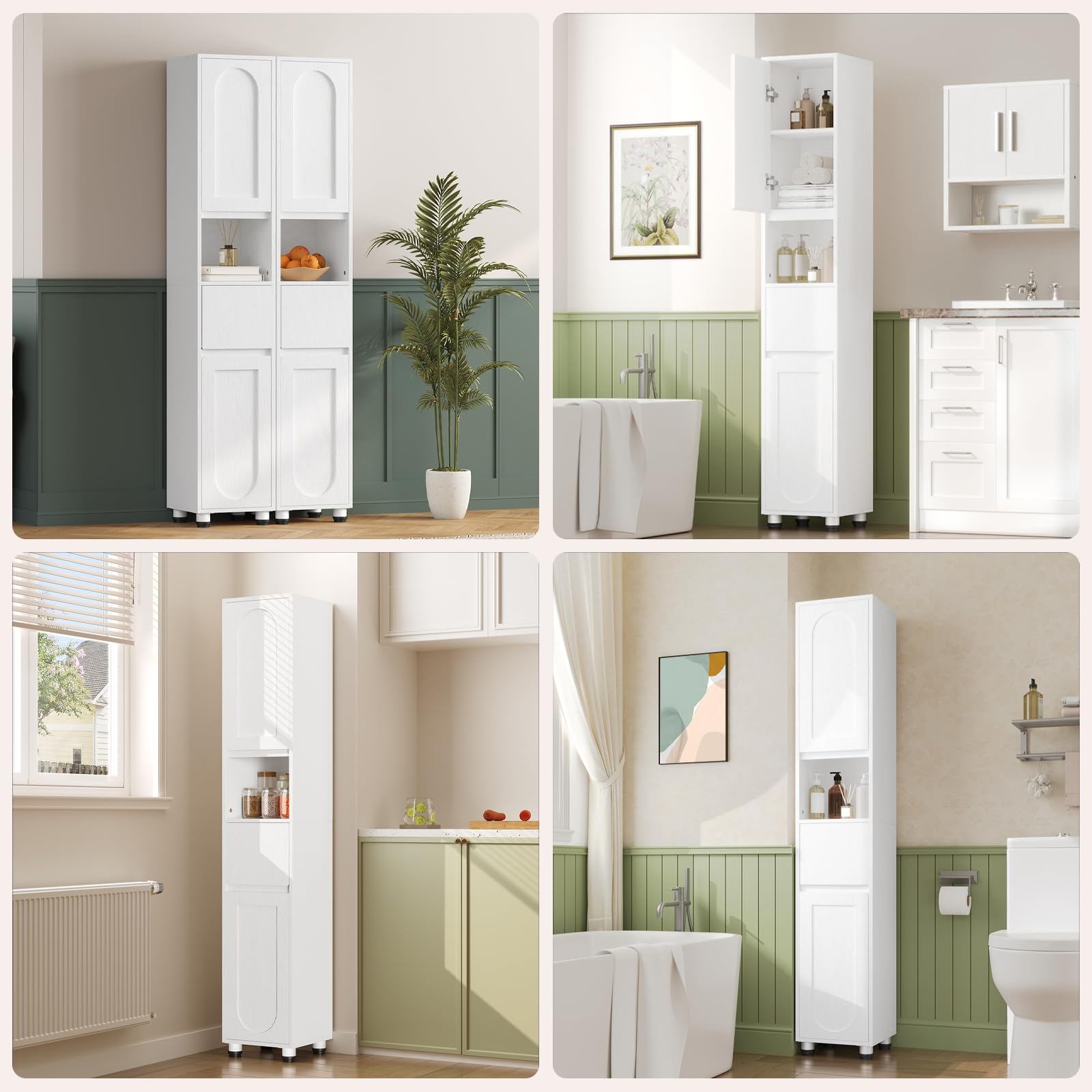 HOOBRO Armario de Baño de 30 x 30 x 170 cm, Puertas y Estantes Interiores Ajustables, 1 Compartimento Abierto y 1 Cajón, para Espacios Reducidos, Baño, Pasillo y Cocina, Acabado en Blanco EWW22BC01
