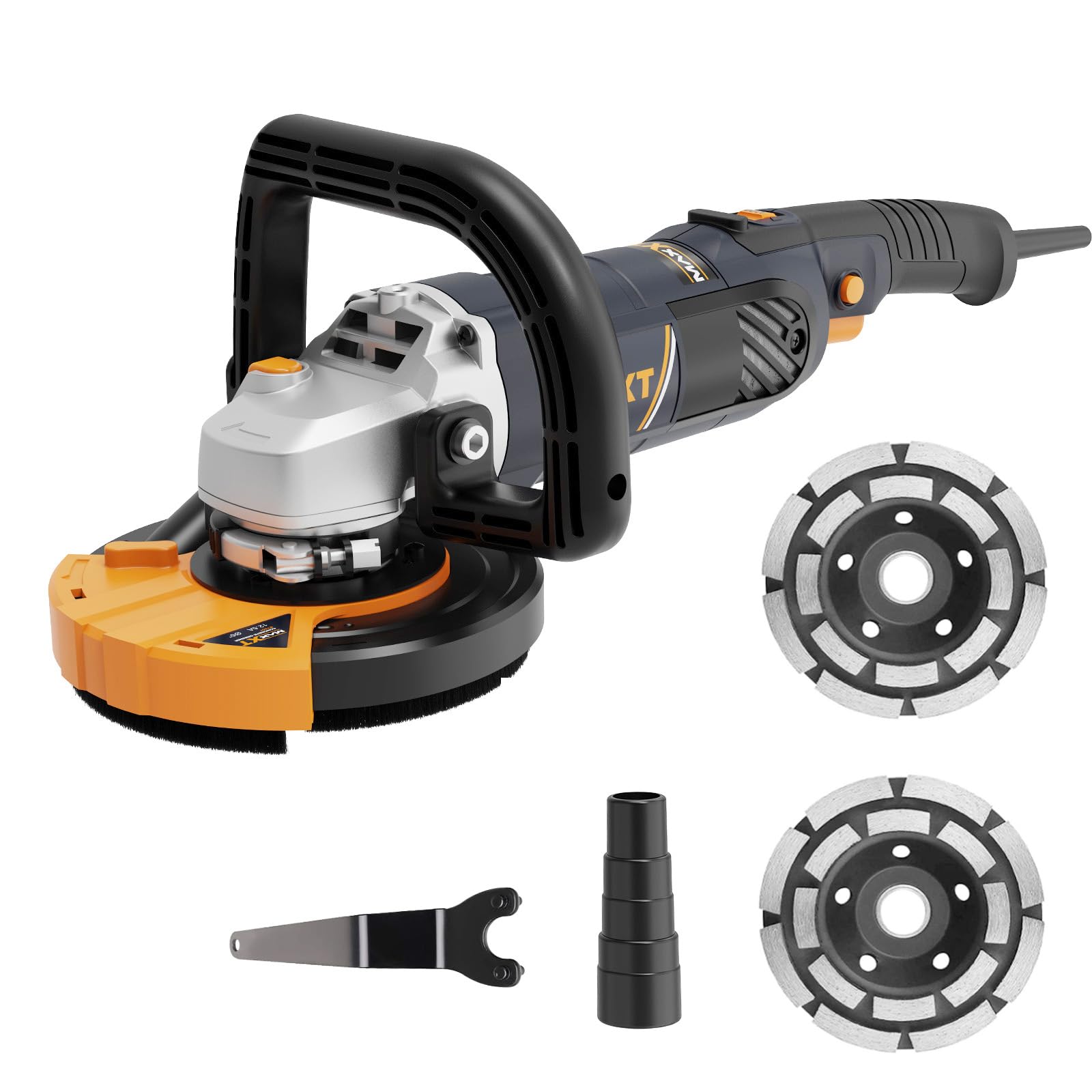 Levigatrice per Cemento 1500W, MAXXT Smerigliatrice per calcestruzzo 1000-8500RPM 7 Velocità Regolabili, Levigatrice per Calcestruzzo con Protezione Rimovibile（Include due dischi abrasivi al diamante）