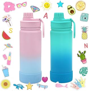 CHILLOUT LIFE 17oz Kids Insulated Stainless Steel Water Bottle w/Spout Lid | 2 Pack, Personalize Your Bottle with 288 Waterproof Letter Sticker, Protective Silicone Boots, Leak Proof, for School & Sport