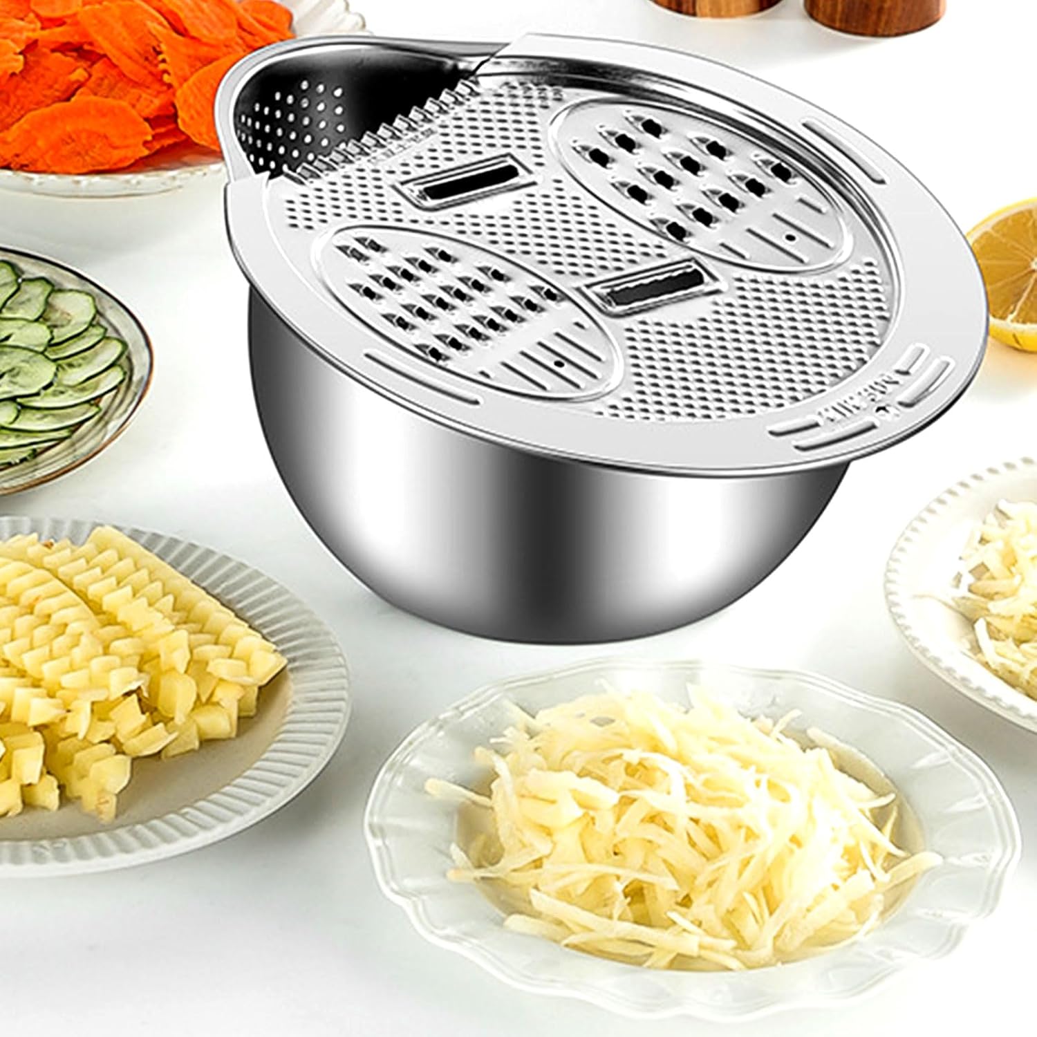 Stainless Steel Flat Grater for Fine, Medium and Coarse Grate, and Slicing, Vegetable Cheese Grater with Rice Washer Strainer Bowl, Dishwasher Safe (Grater with Strainer Bowl)
