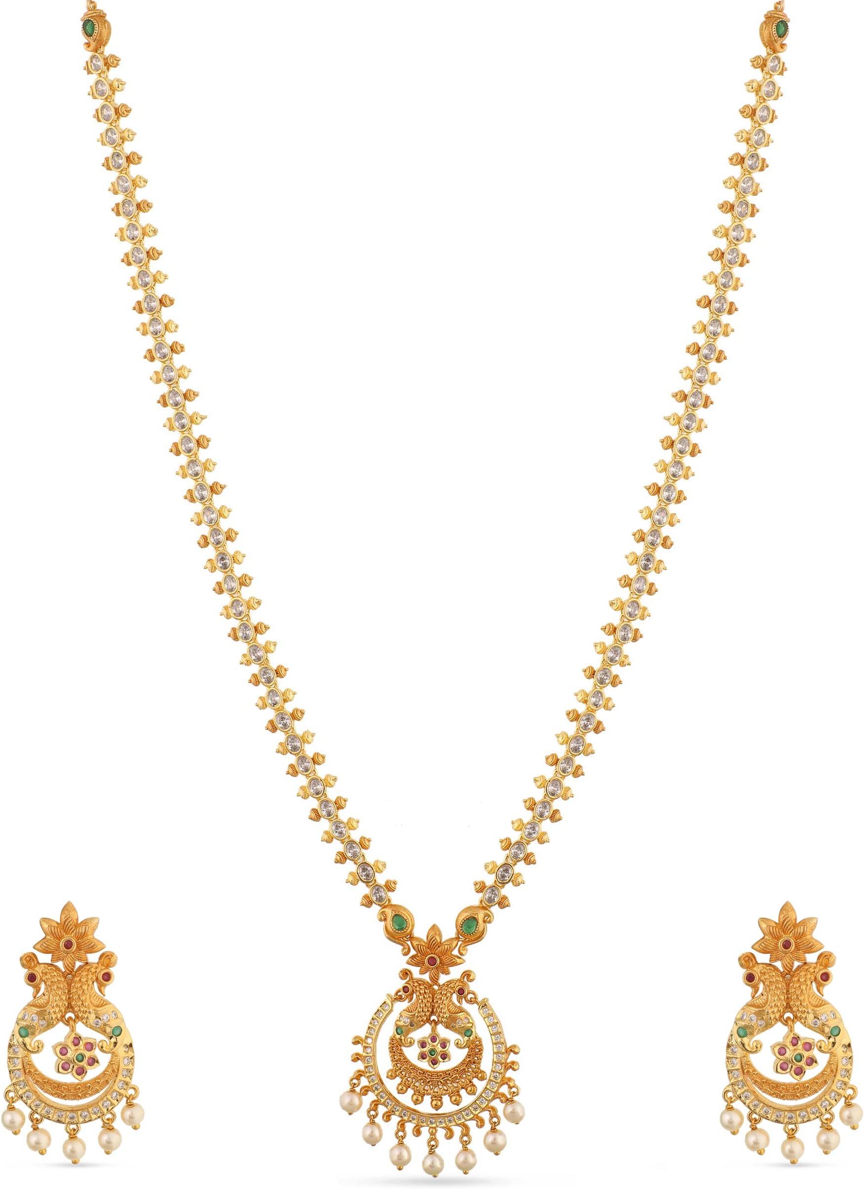 Antique Gold Plated Indian Long Necklace Set for Women with Jhumka, Dangle, Drop Earring Brass Traditional Wedding Desi Jewelry CZ Gemstone Bridal Necklace, M, Brass, Cubic Zirconia