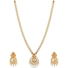 TARINIKA Antique Gold Plated Indian Long Necklace Set for Women with Jhumka, Dangle, Drop Earring Brass Traditional Wedding Desi Jewelry CZ Gemstone Bridal Necklace