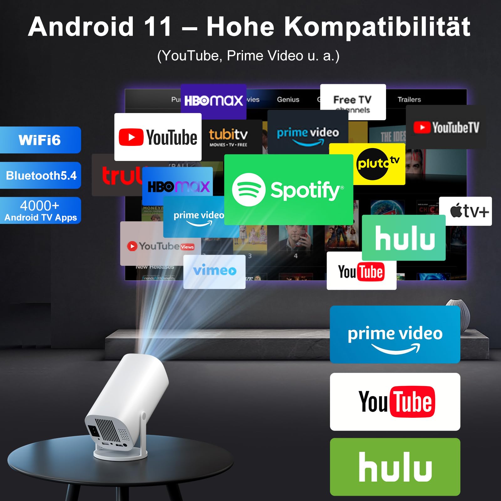 Mini proiettore Smart Full HD 1080P, piccolo proiettore home cinema con WiFi 6 e Bluetooth 5.2, supporta la correzione trapezoidale automatica, girevole a 180°, compatibile con HDMI/TV Stick/Memory