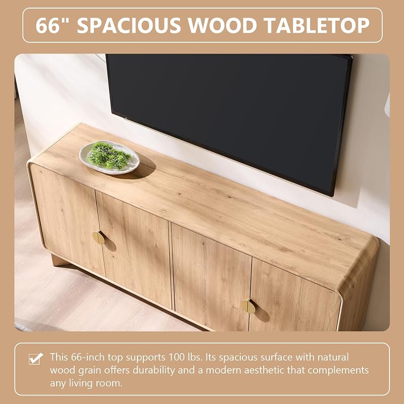 IFGET 70" Modern TV Stand with Storage, Wood Curved TV Console, Natural Oak image 4