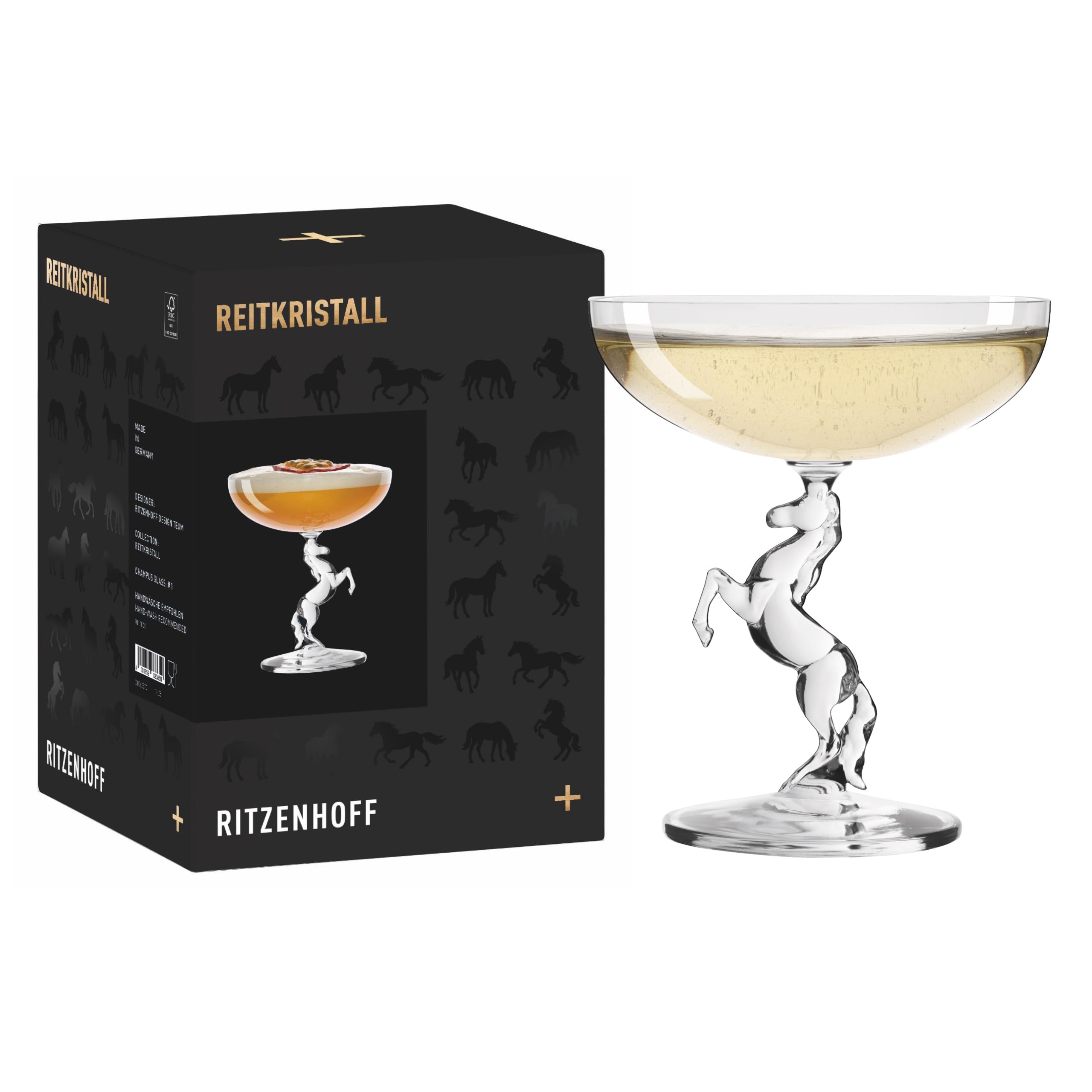 RITZENHOFF 9011001 Champagnerglas 200 ml, Serie Reitkristall – mit schlichtem, edlem Design und Stiel in Form eines steigenden Pferdes – Made in Germany