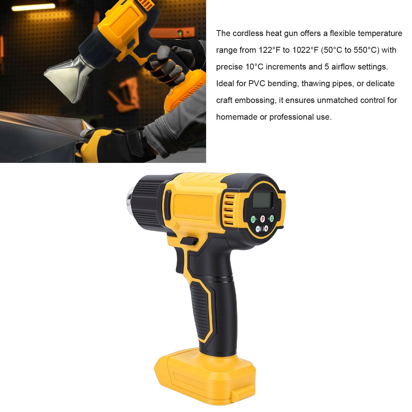 Pistola de calor inalámbrica, pantalla LCD digital alimentada por batería, temperatura ajustable de 122 ℉ a 1022 ℉ Calentamiento rápido para manualidades, decapado de pintura,