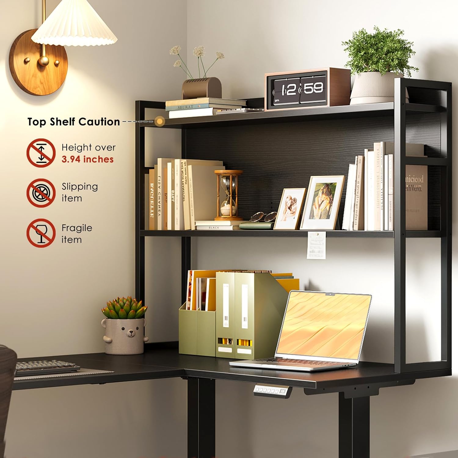 OffiGo L Shaped Electric Standing Desk, 63 Inch Reversible Corner Stand up Table with Hutch, Height Adjustable Ergonomic Large Lift Table for Home Office, Workstation, Black