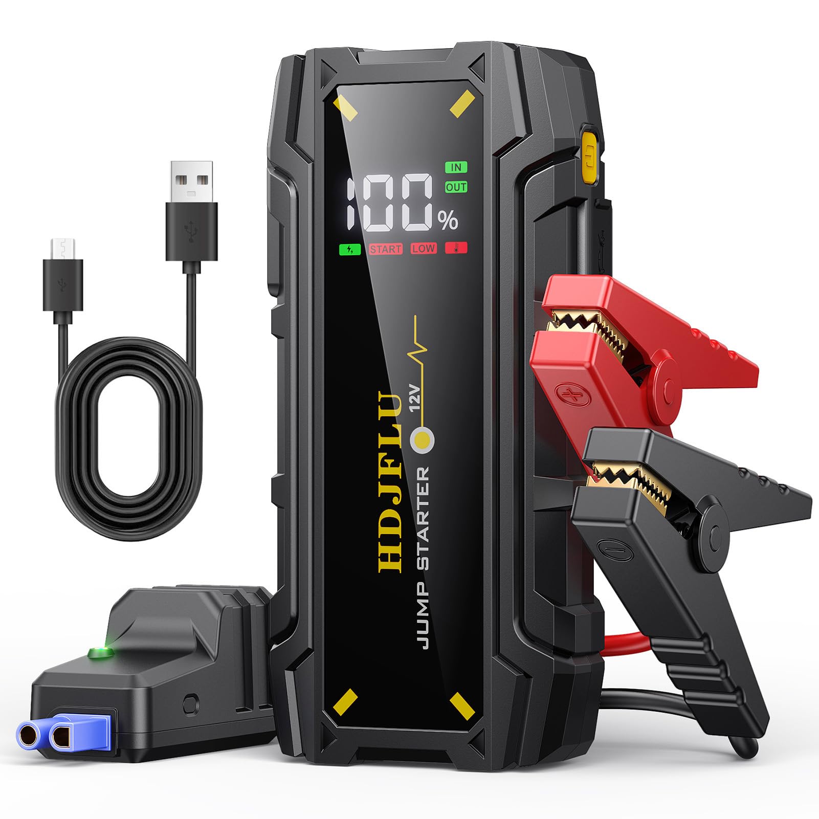 Portable Car Starter HDJFLU 3000A Jumper Starter (7.0L Petrol and 5.5L Diesel Engines), 12 V Car Battery Jumper Box with Smart Jumper Cables, LED Lights