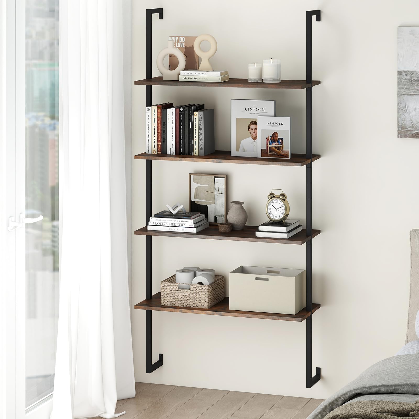 GIANTEX Mensola da Parete a 4 Ripiani, Scaffalatura Aperta con Telaio Metallico, Stile Industriale Sospeso, Salvaspazio 76 x 30 x 163 cm, per Cucina, Soggiorno, Camera e Ufficio