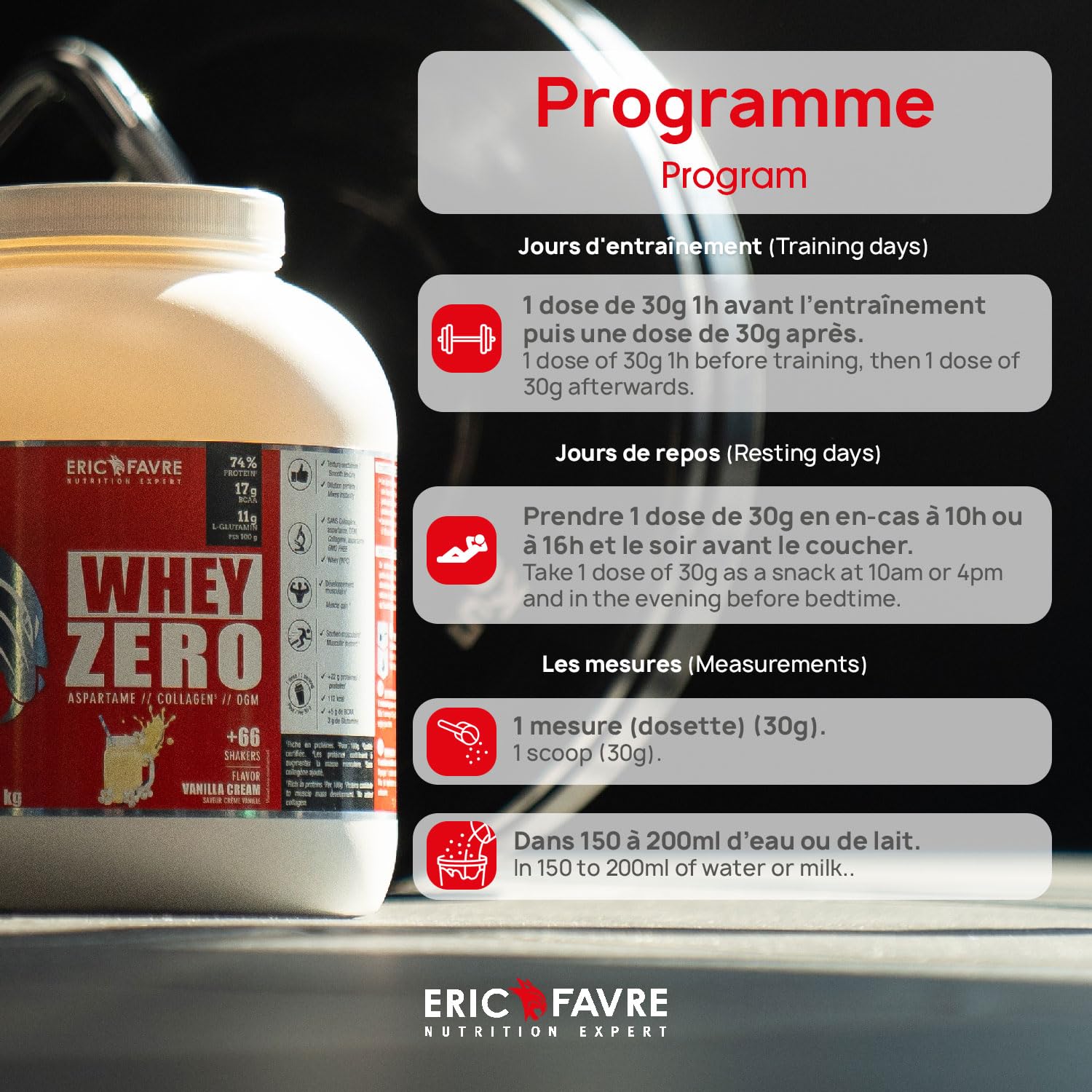 WHEY ZERO +74% de Protéine Whey Concentrée, Faible en Sucre, Construction/Récupération Musculaire - 2kg - Saveur Chocolat - Eric Favre